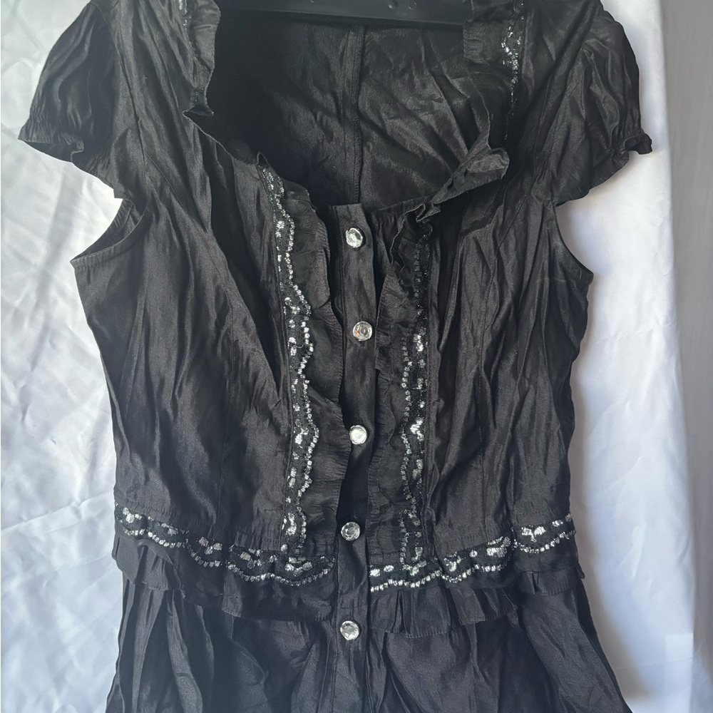 Black Ruffled Button-Up Blouse